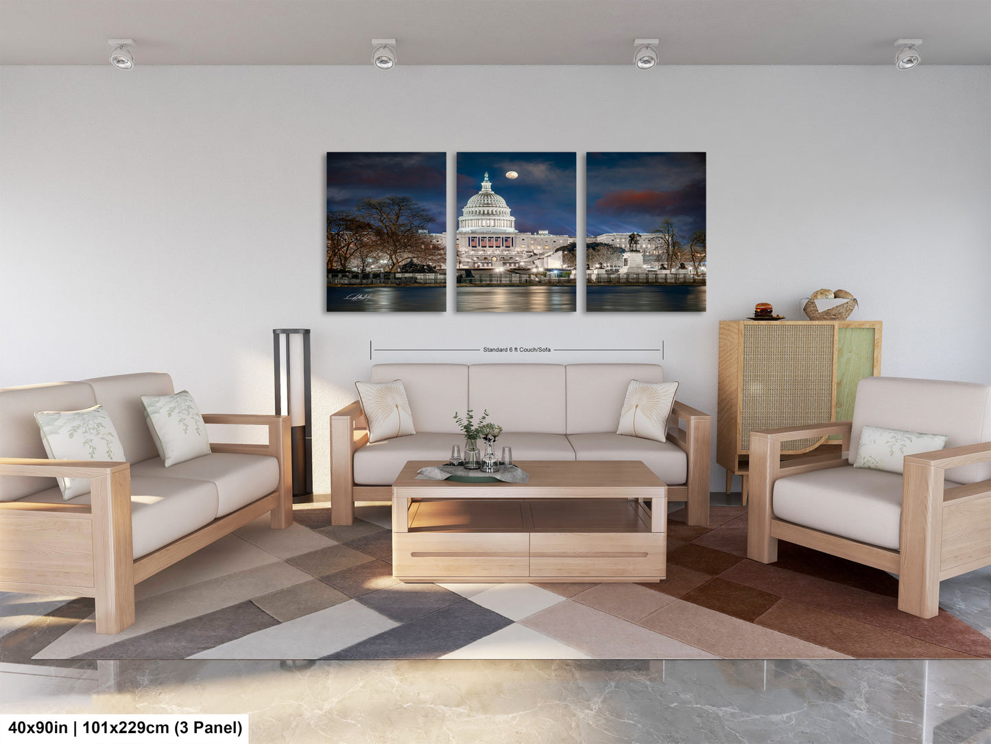 a living room filled with furniture and a painting on the wall