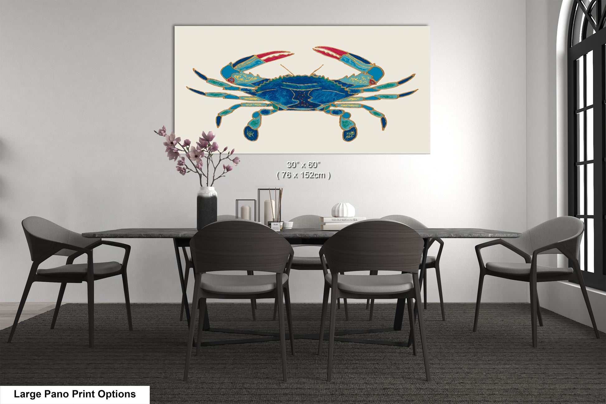 a painting of a blue crab on a white wall