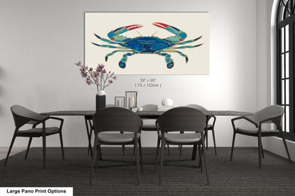 a painting of a blue crab on a white wall