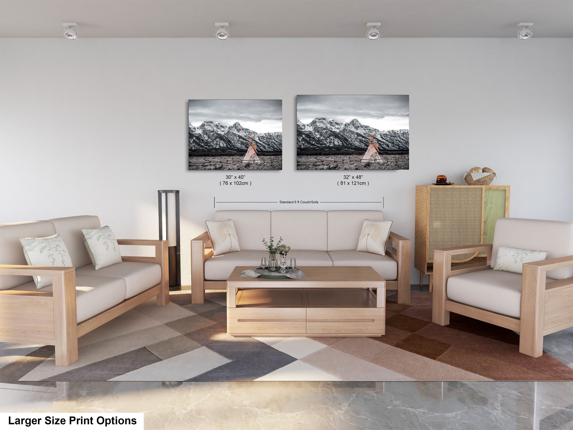 a living room with two pictures on the wall