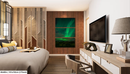 a modern bedroom with a large bed, a wooden dresser, and a television mounted on the wall. The room has a minimalist and contemporary design, with a focus on natural elements such as the wooden wall panel and the large painting depicting the Aurora Borealis.