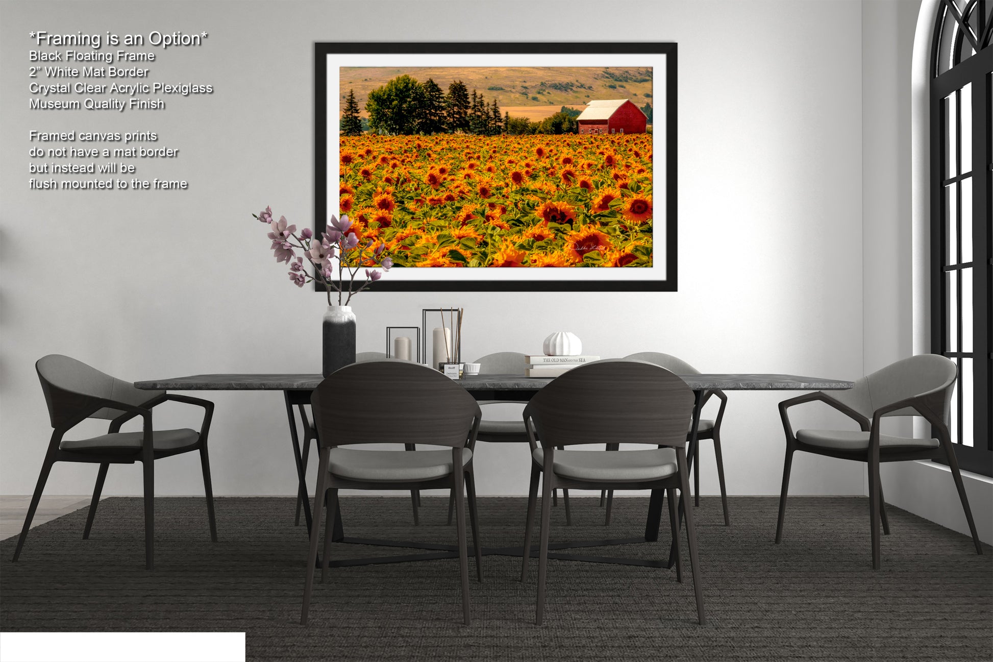 a picture of a sunflower field with a red barn in the background