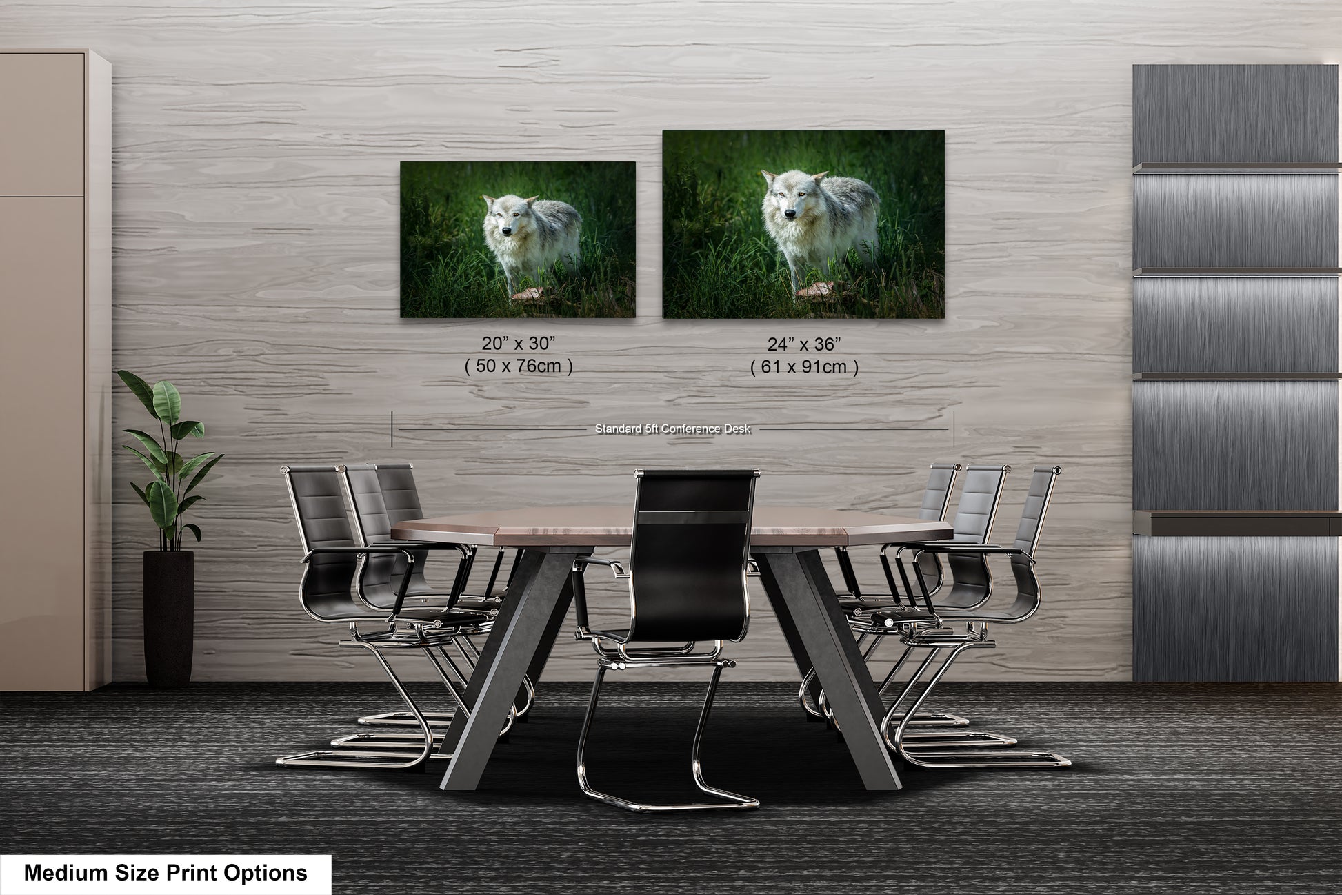 a dining room table with chairs and two pictures on the wall