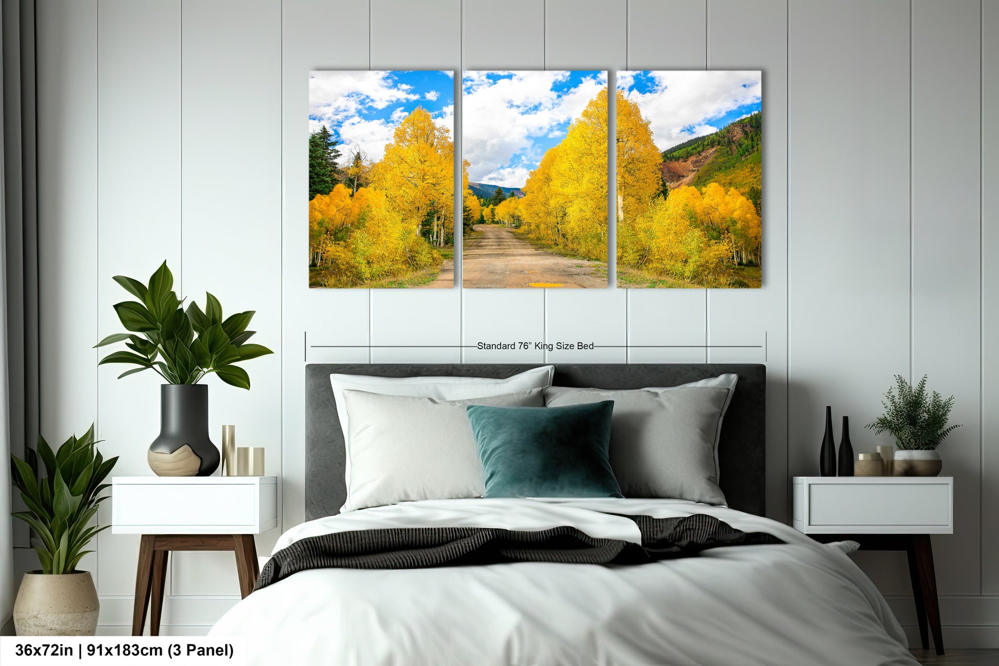 a bedroom scene with a bed and two paintings on the wall