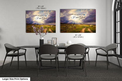 a dining room table with four chairs and two paintings on the wall