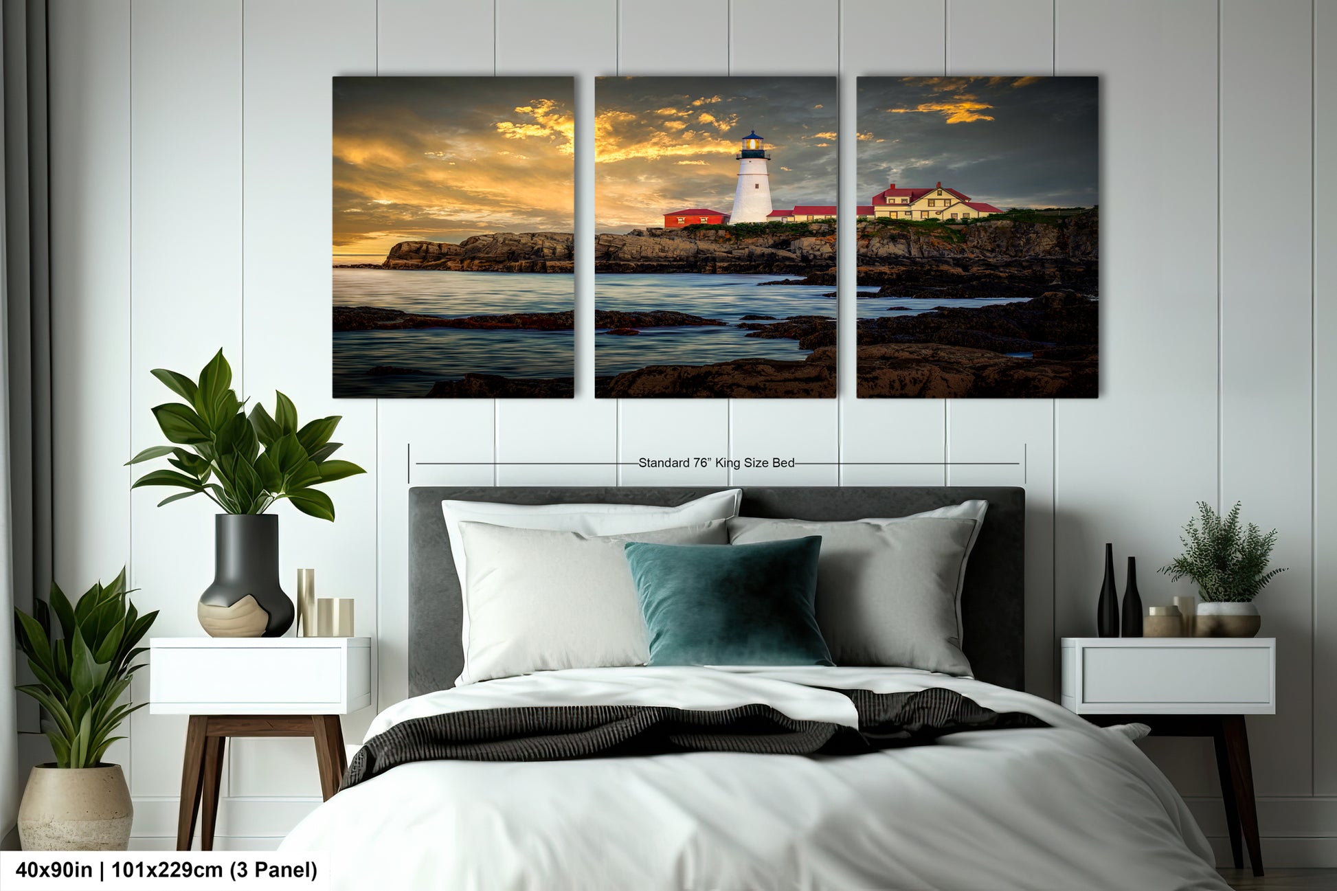 a bedroom scene with focus on the bed and the lighthouse
