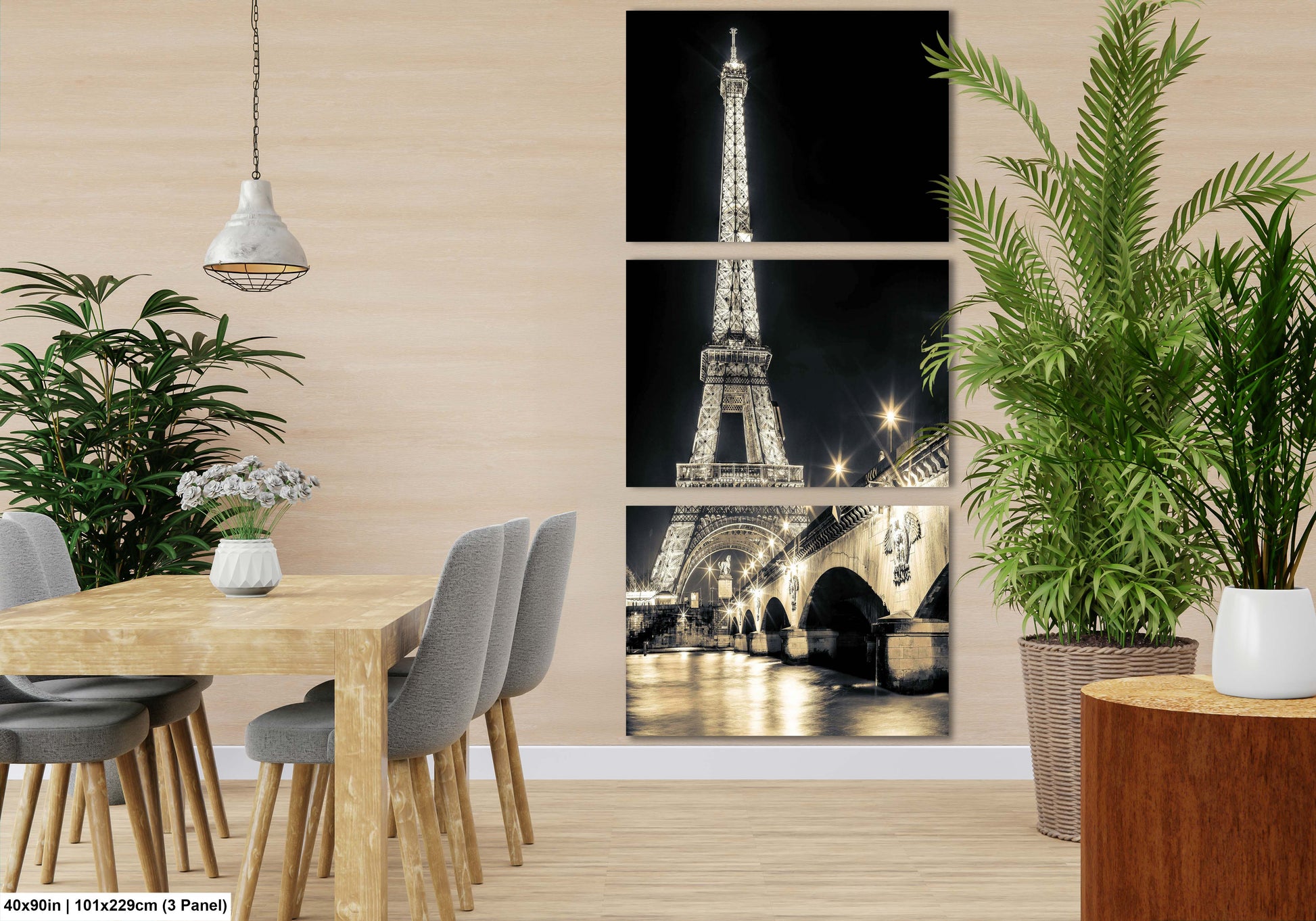 a dining room with a table and chairs and a picture of the eiffel