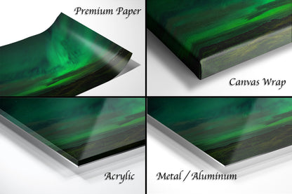 The image is a collage of four different views of a green and black abstract artwork, including a close-up of the artwork, a close-up of the artwork on paper, a close-up of the artwork on canvas, and a close-up of the artwork on a reflective surface.