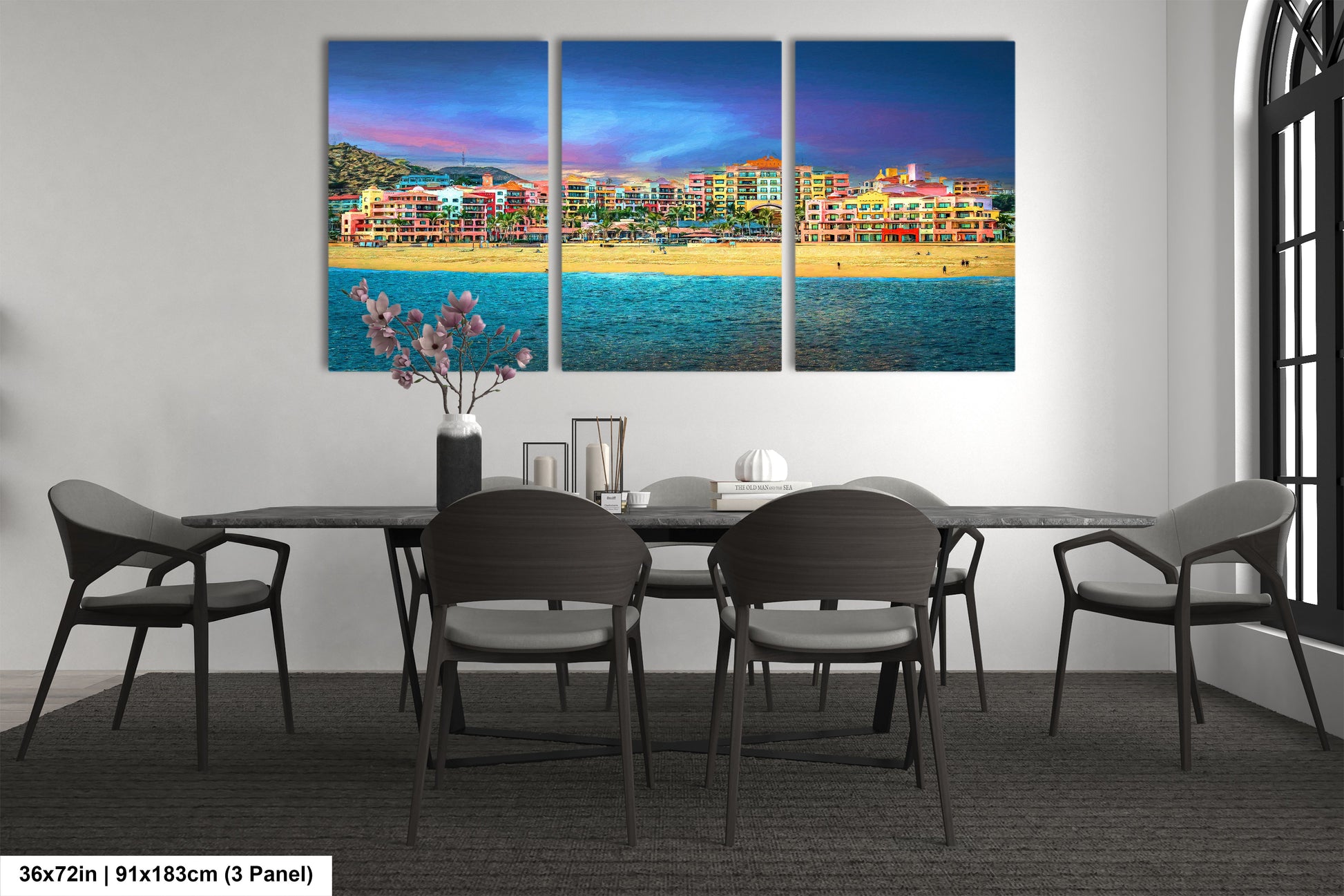 a dining room table with chairs and a painting on the wall