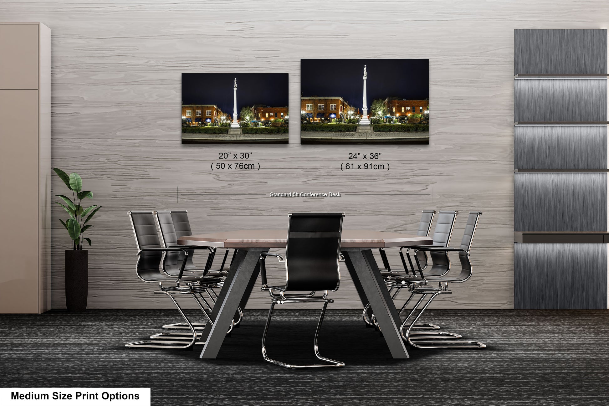 a dining room table with chairs and a picture of a building in the background