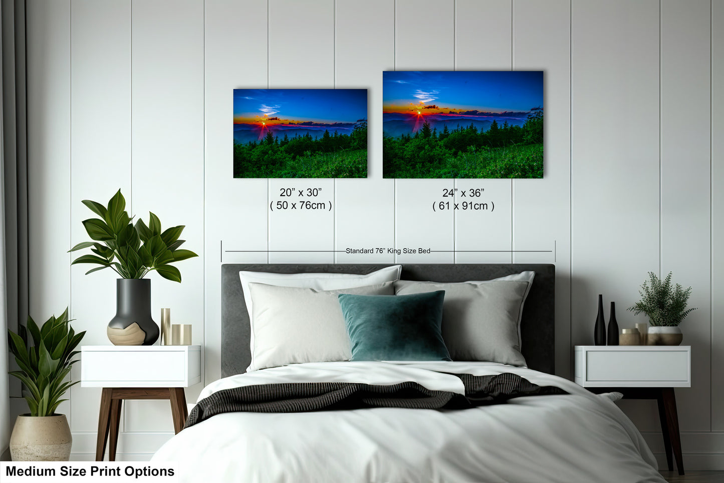 a bed room with a neatly made bed and two pictures on the wall