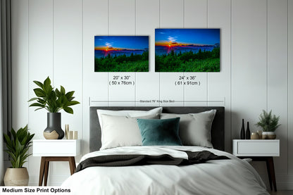 a bed room with a neatly made bed and two pictures on the wall