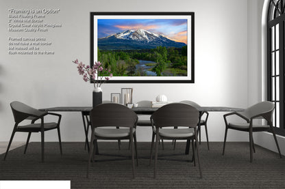 a picture of a dining room with a mountain view