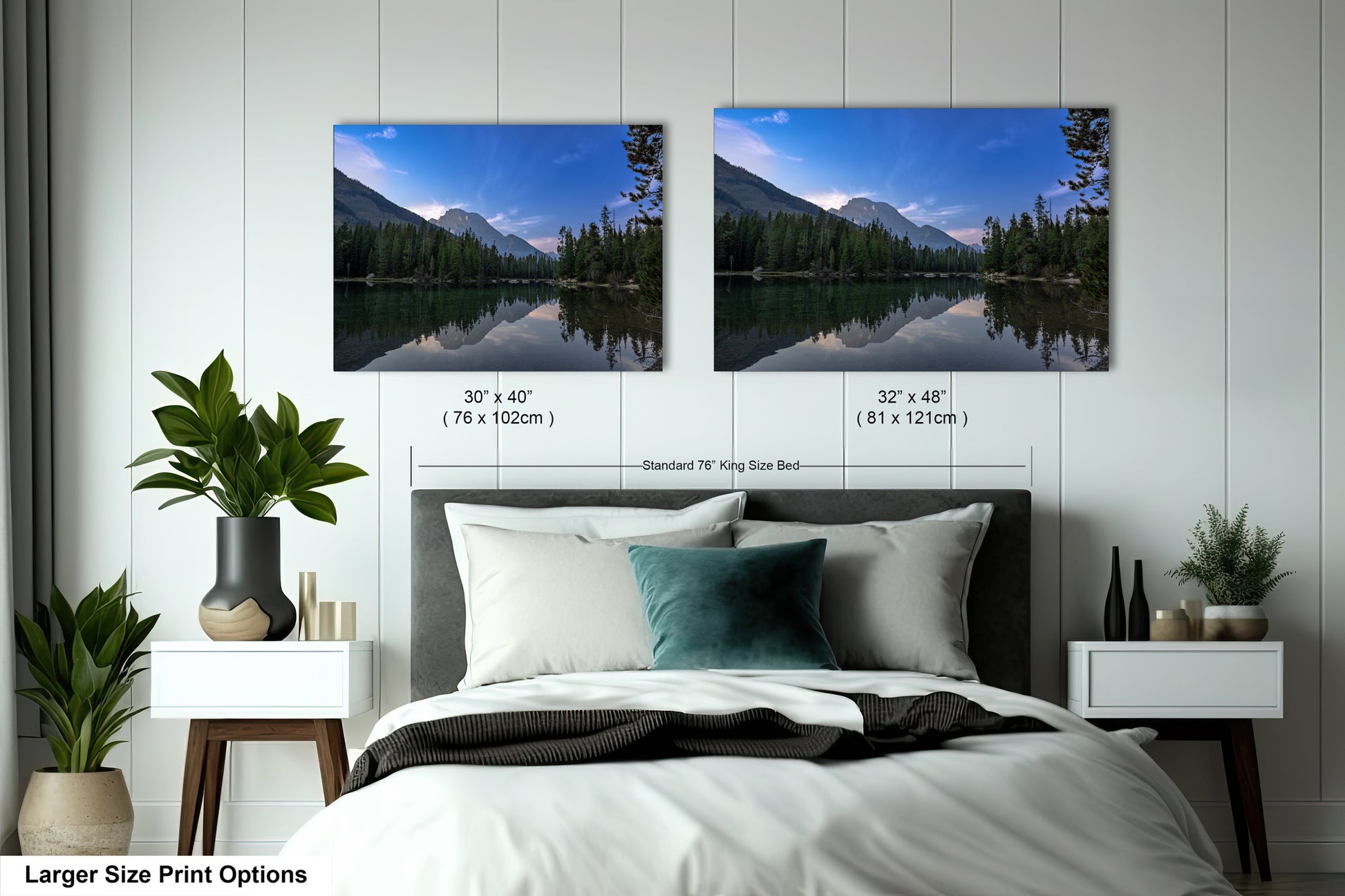 a bedroom with a bed and two pictures on the wall