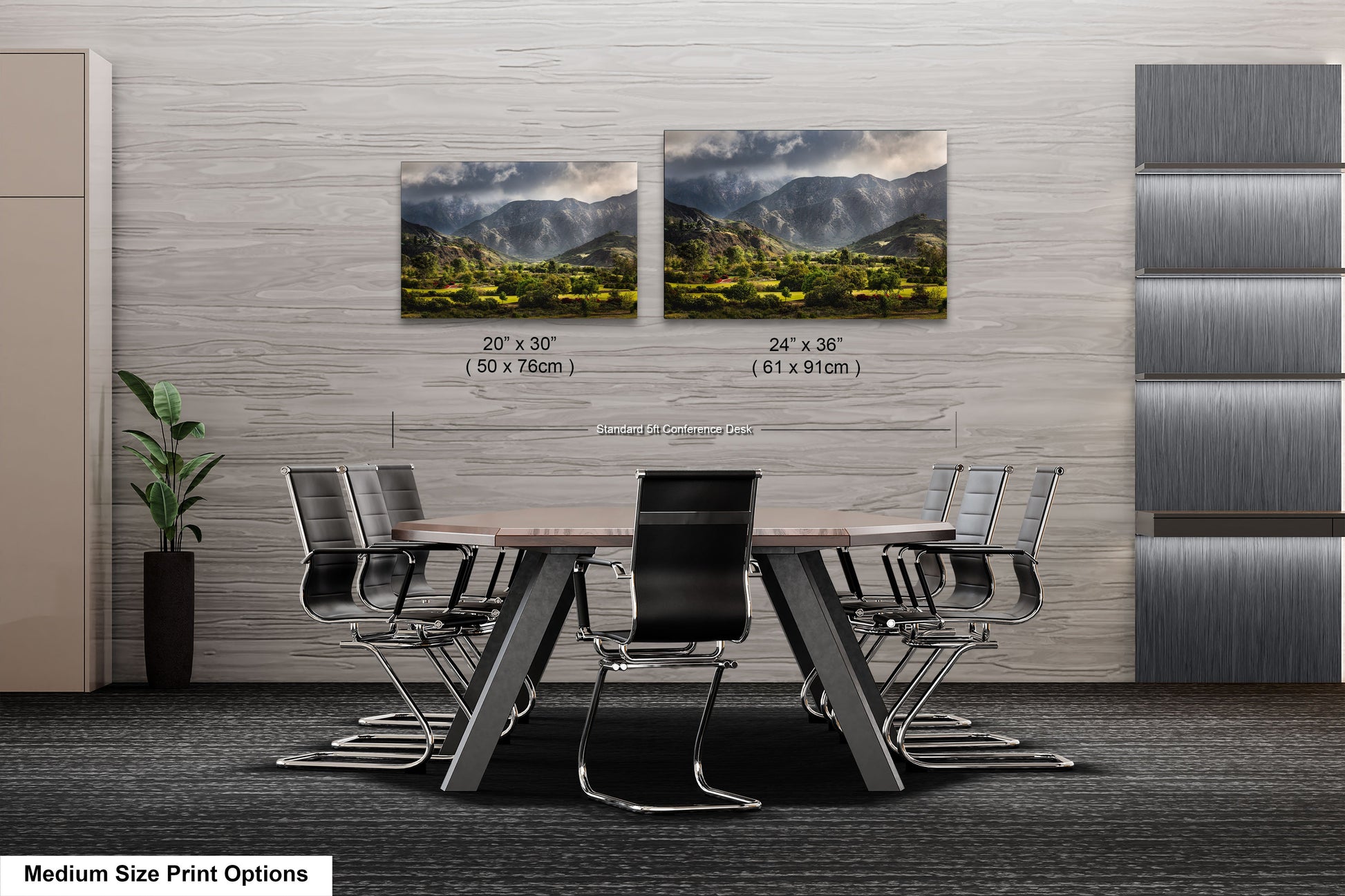 a dining room table with chairs and two pictures on the wall