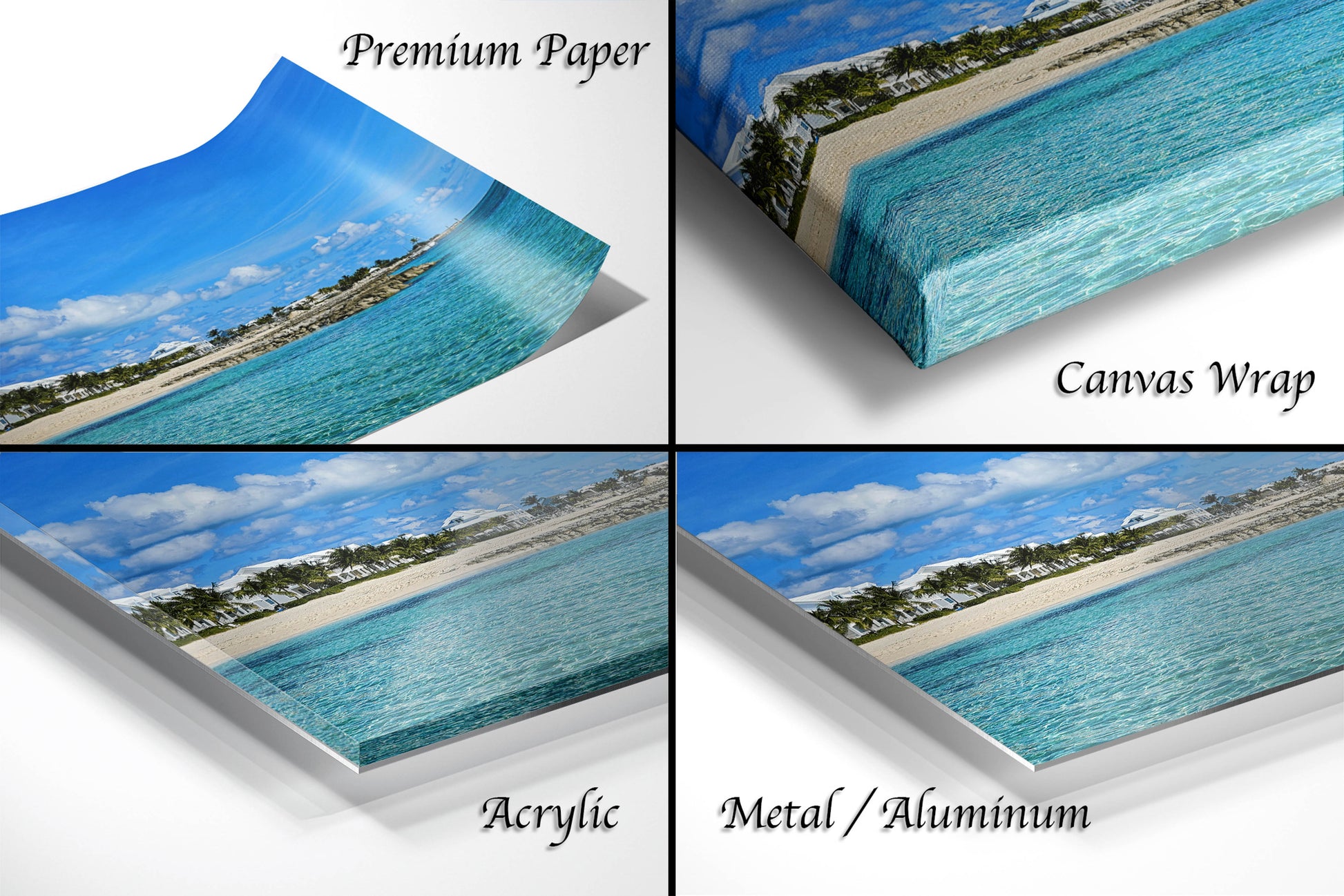 a series of photos of a beach with blue water