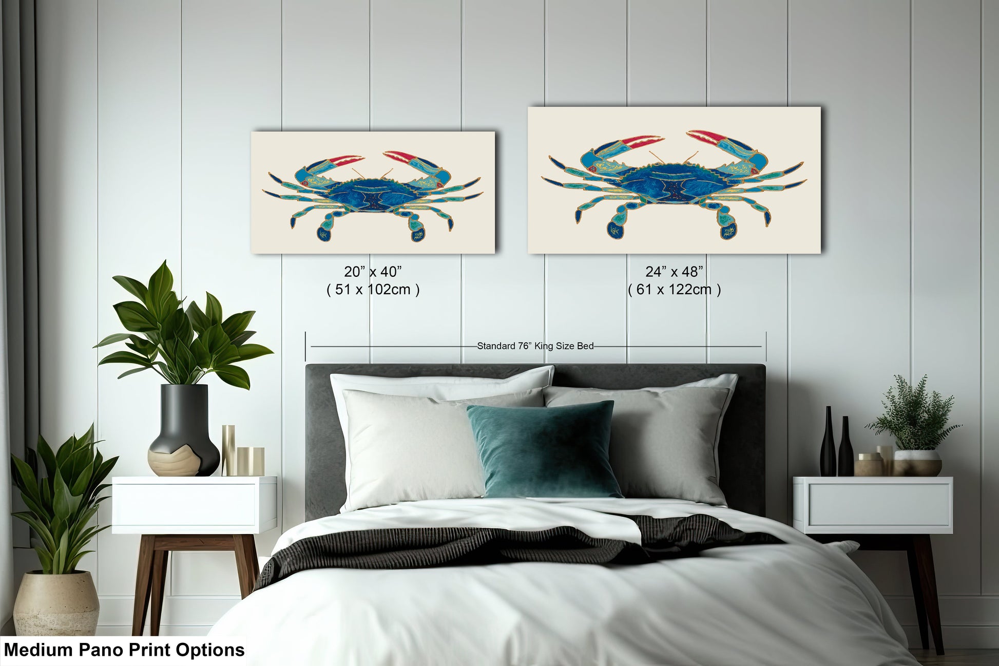 a bed room with a neatly made bed and two paintings on the wall