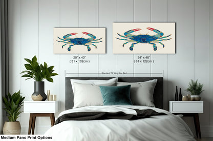 a bed room with a neatly made bed and two paintings on the wall
