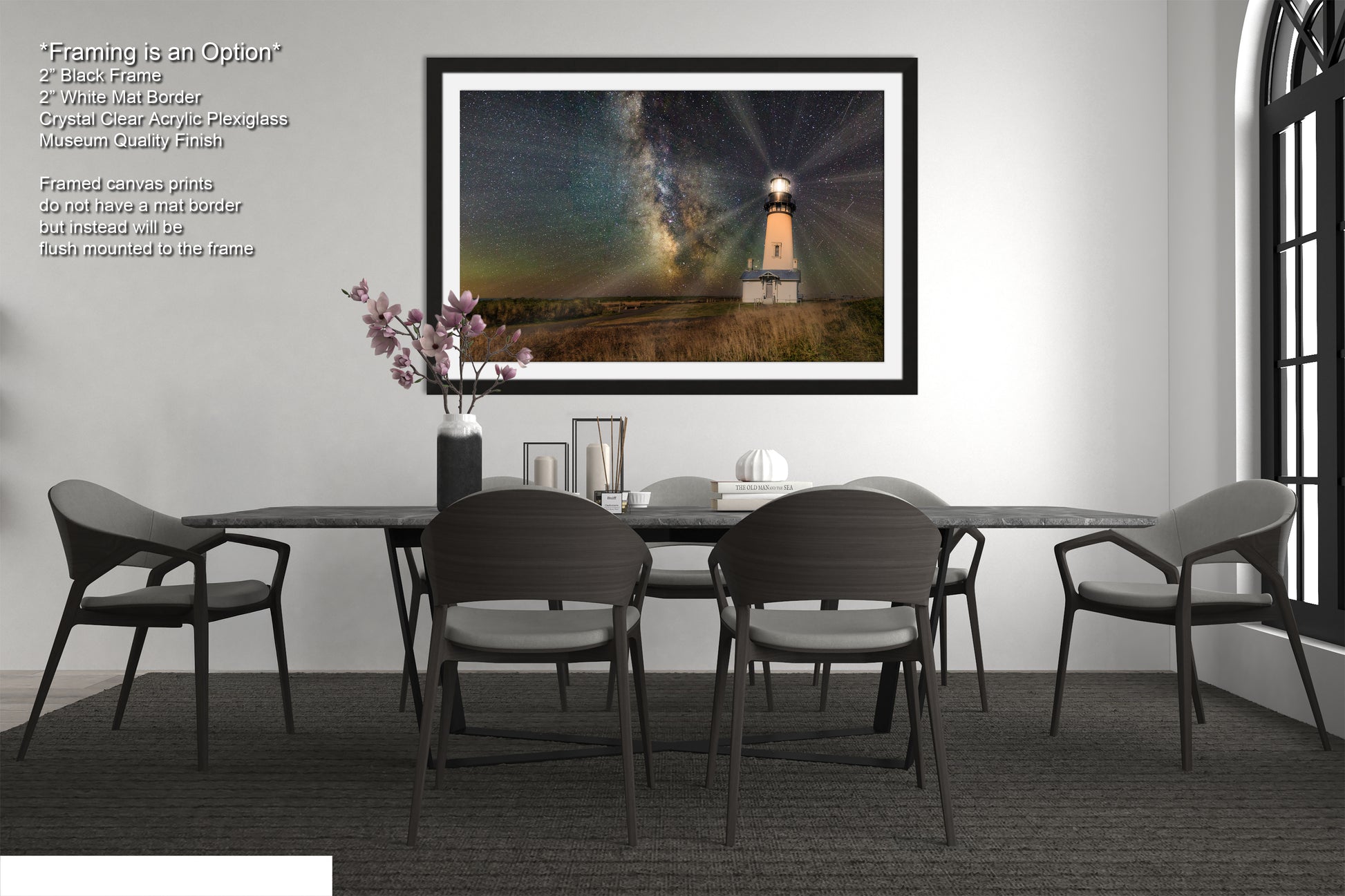 a dining room with a table and chairs and a picture hanging on the wall