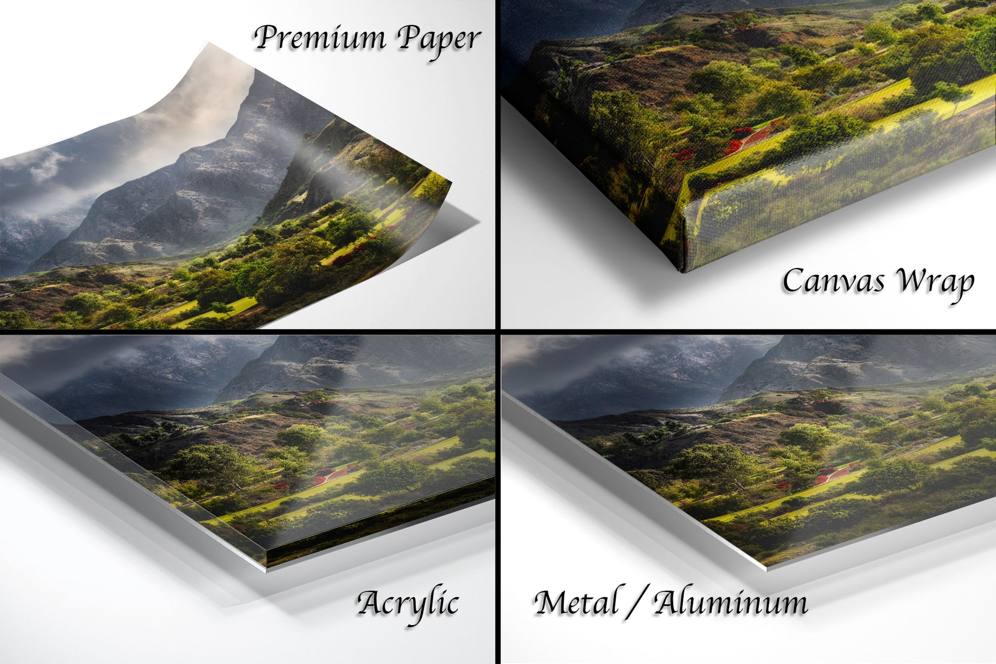 a series of four photos of a mountain range