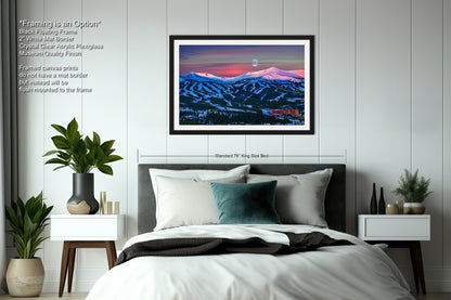 a bedroom with a large bed and a painting on the wall