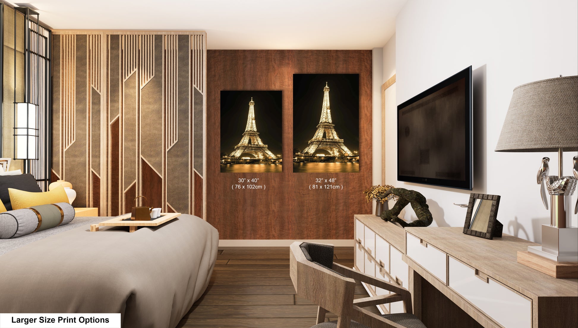 a hotel room with a bed, desk and television