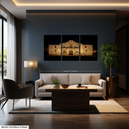 A modern living room with a large wall-mounted painting depicting a historic building, a white sofa, a coffee table, and a large window overlooking the outdoors.