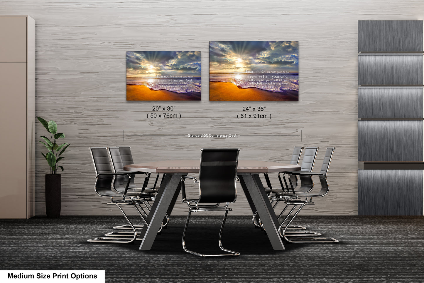 a dining room table with chairs and two pictures on the wall
