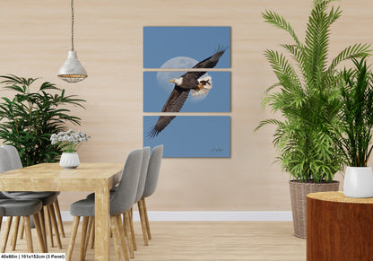a serene dining room with a wooden table and chairs, a potted plant, and a large painting of a bald eagle in flight.