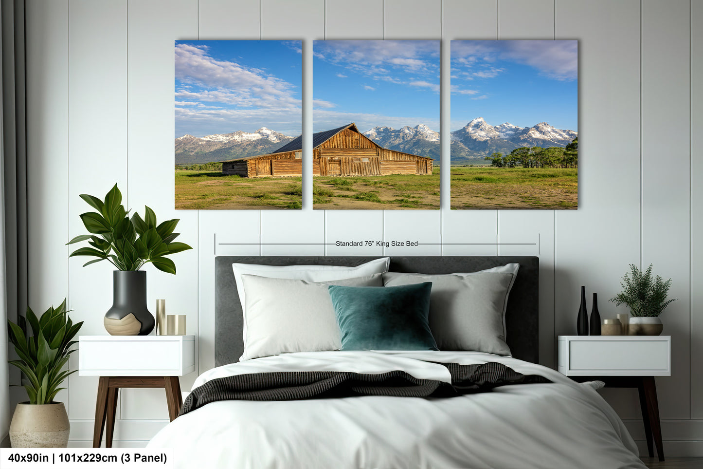 a bed room with a neatly made bed and three pictures on the wall
