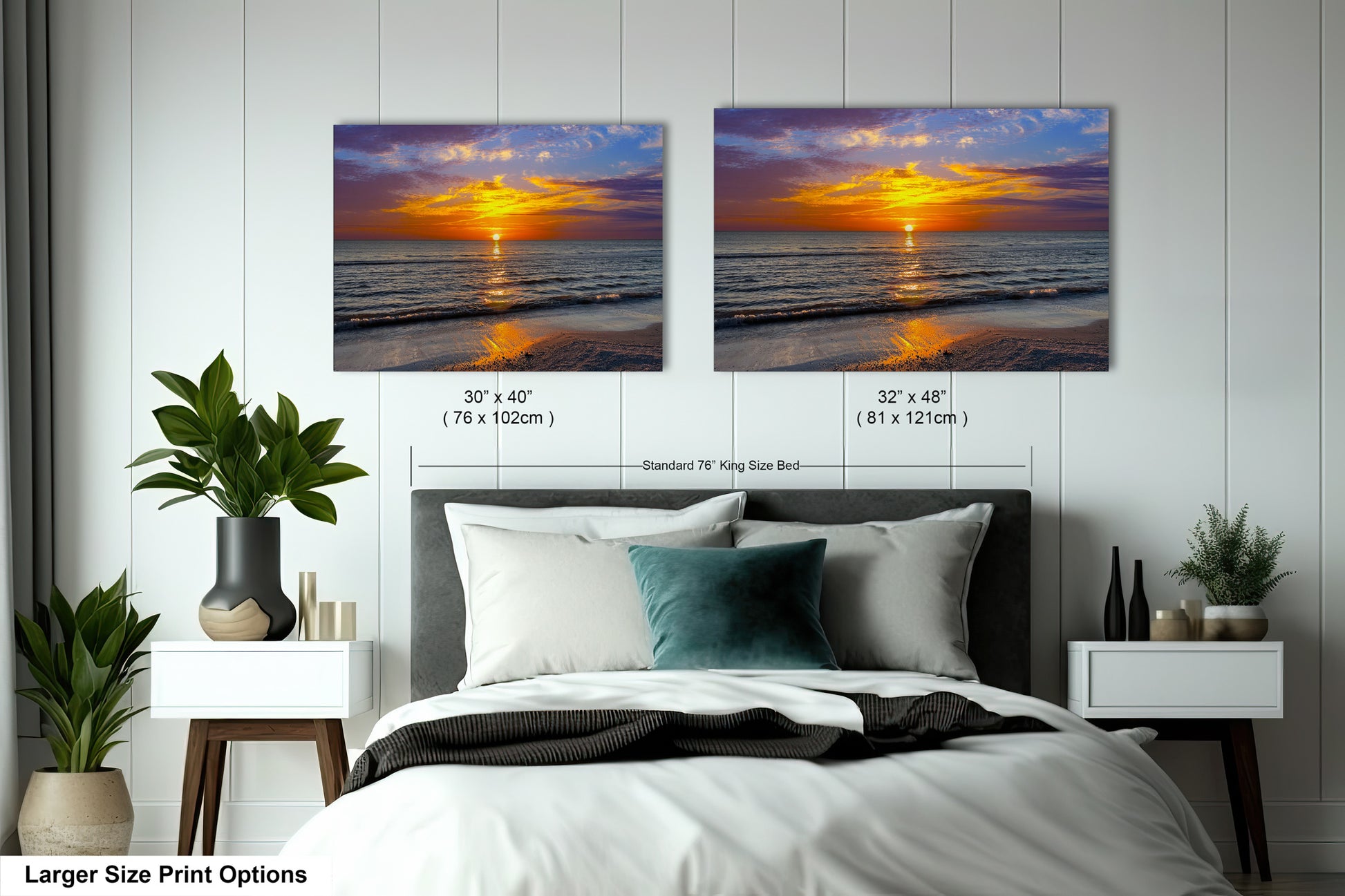 a bedroom with a bed and two pictures on the wall