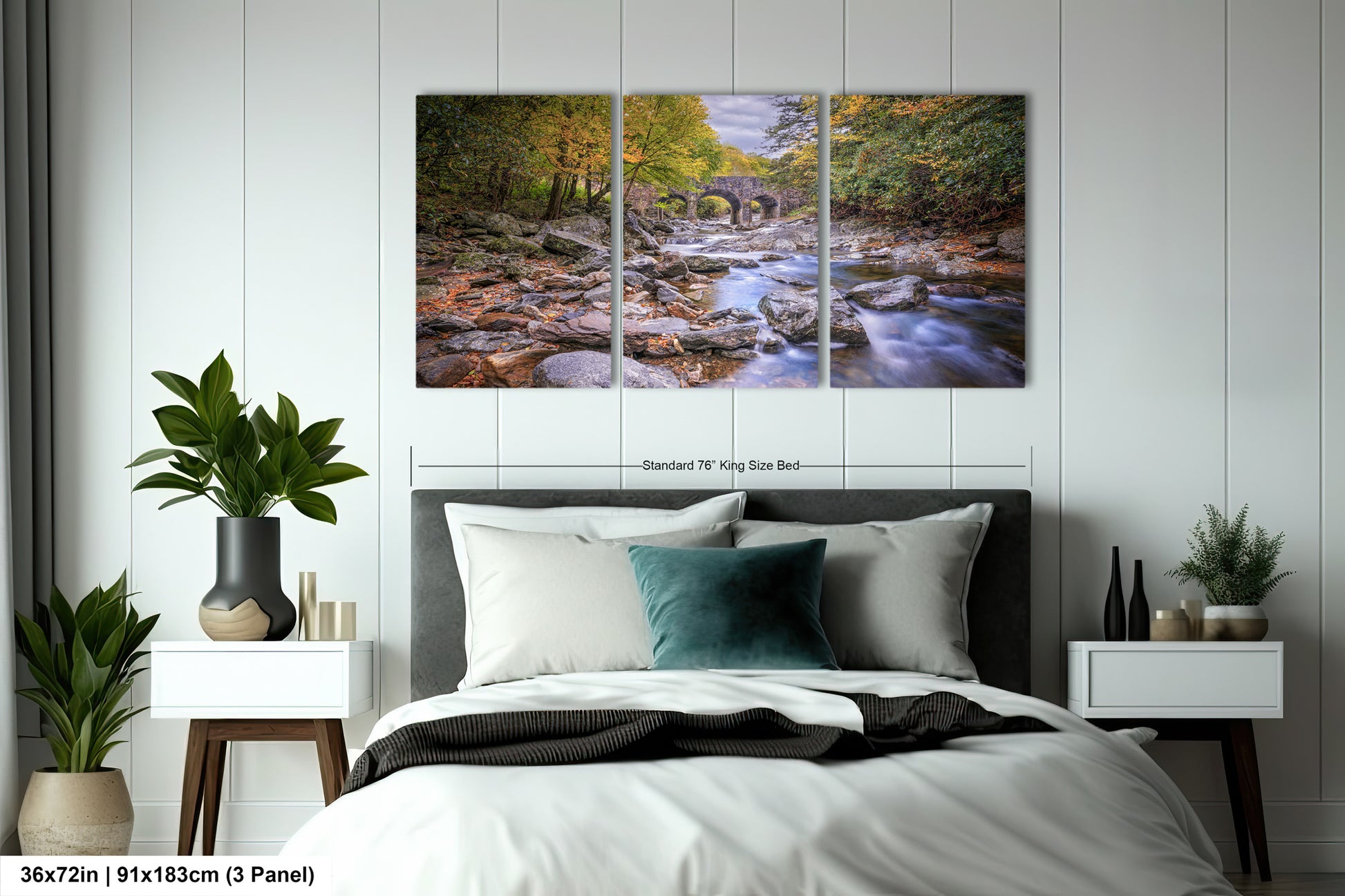 a bedroom with a bed and a painting on the wall