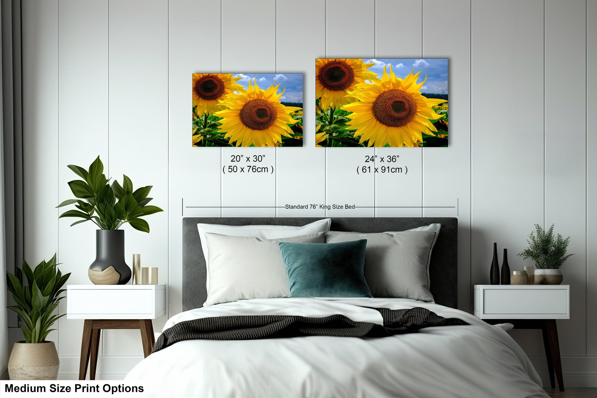 a bedroom with a bed and two sunflowers on the wall