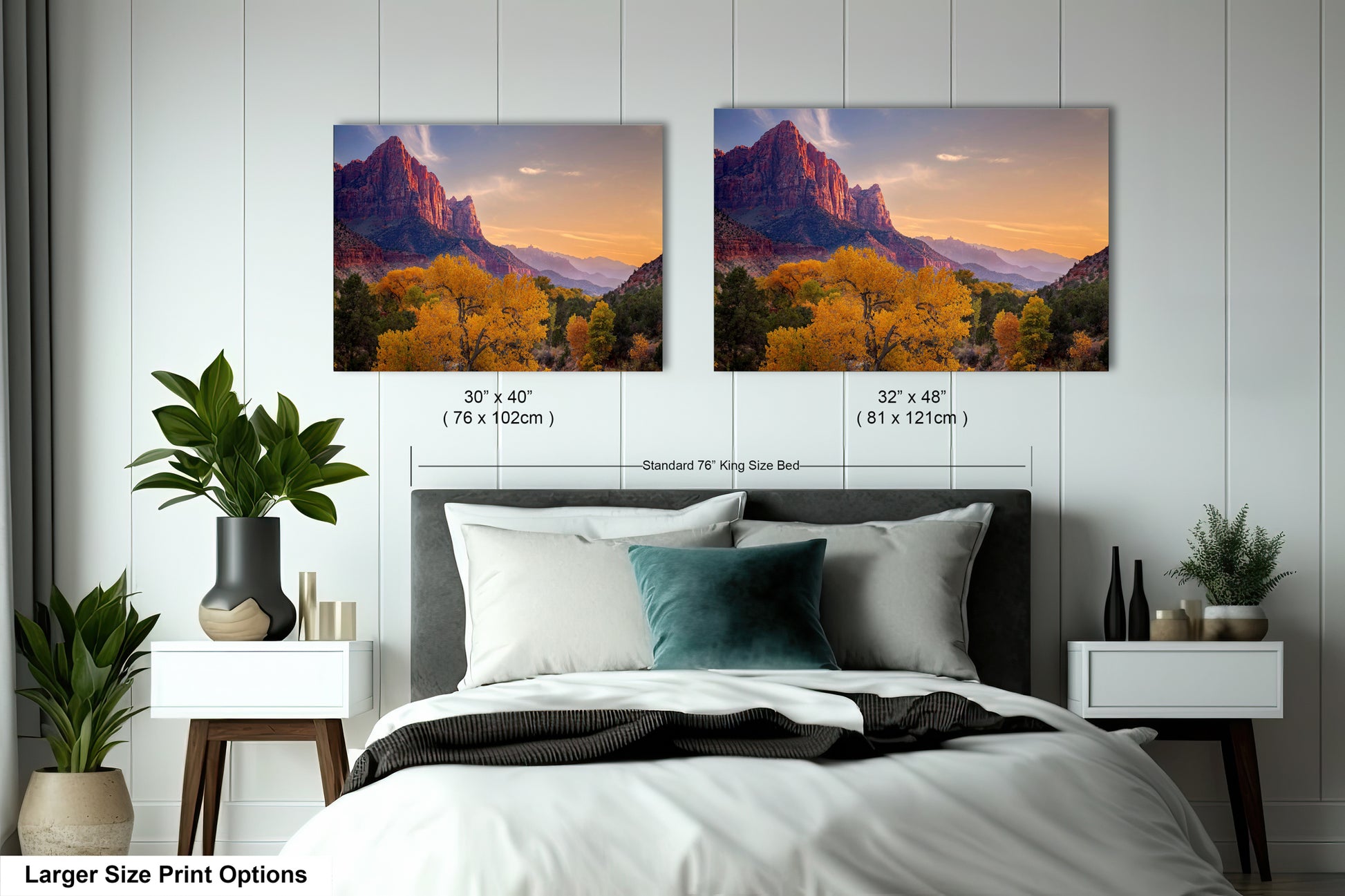 a bedroom with a bed and two pictures on the wall