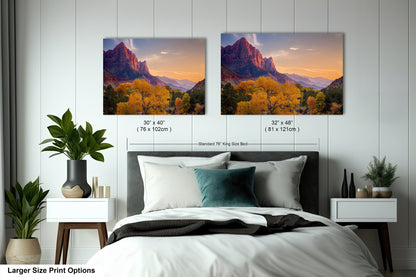 a bedroom with a bed and two pictures on the wall