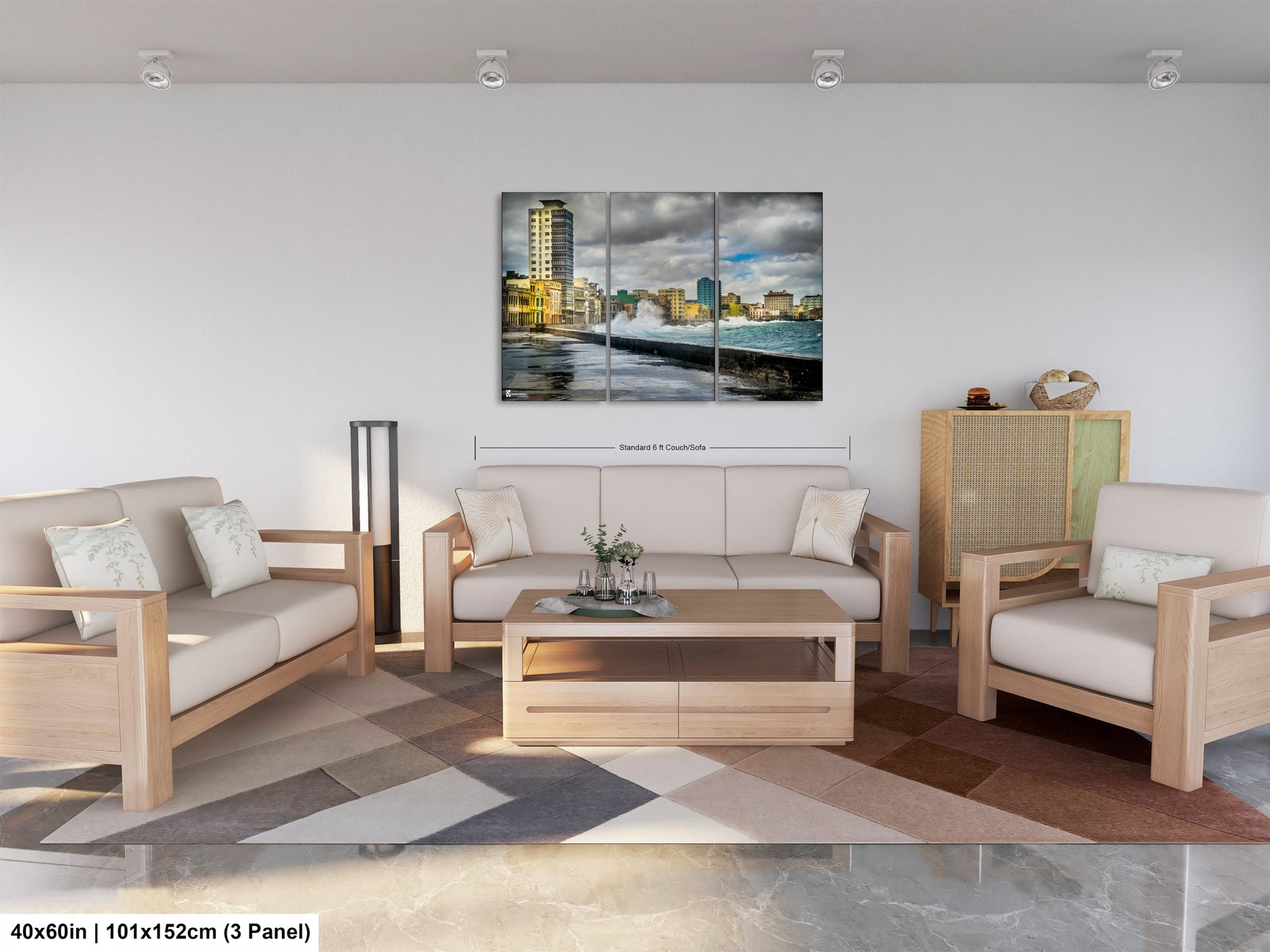 a living room filled with furniture and a painting on the wall