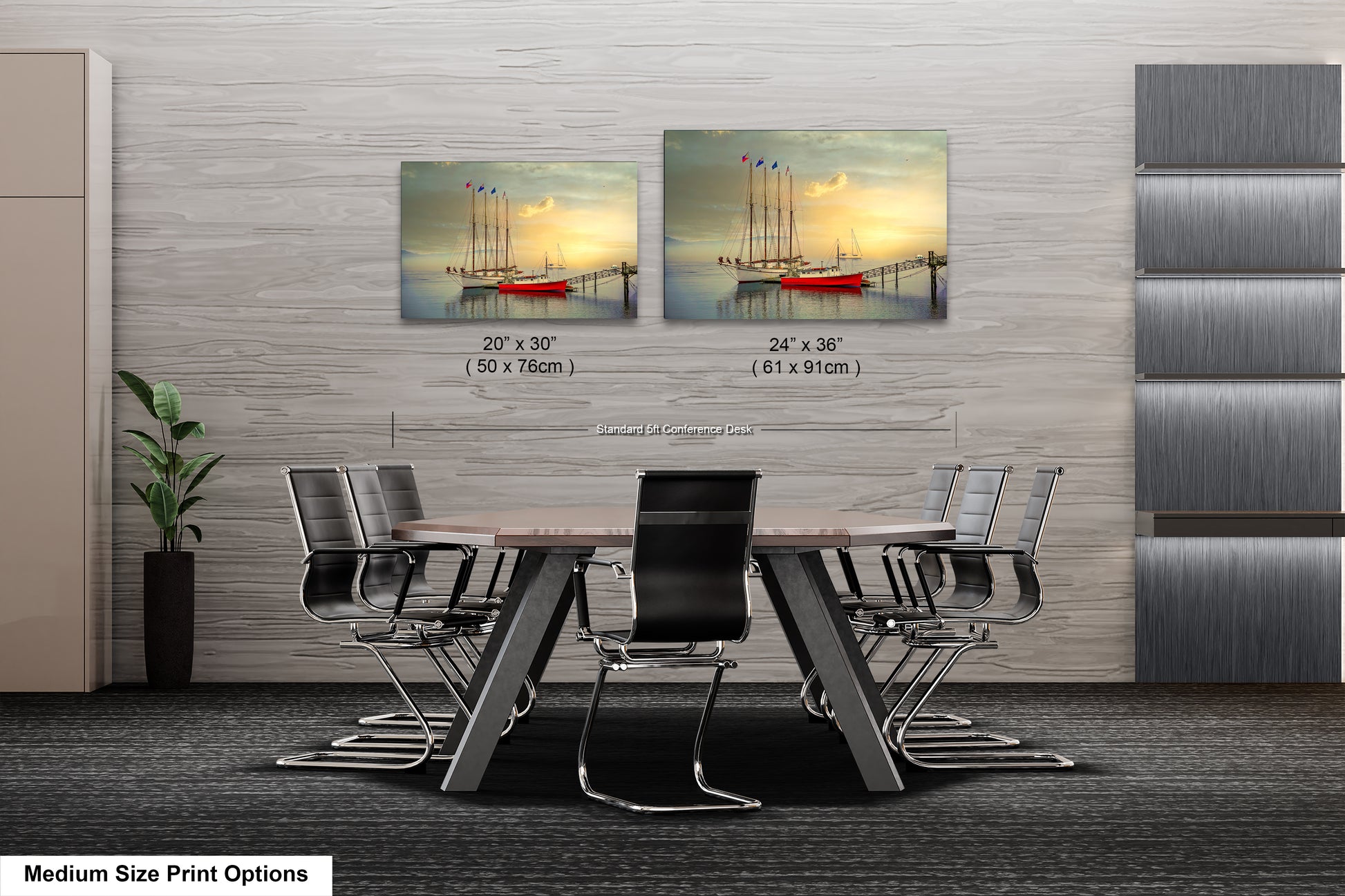 a dining room table with chairs and two pictures on the wall