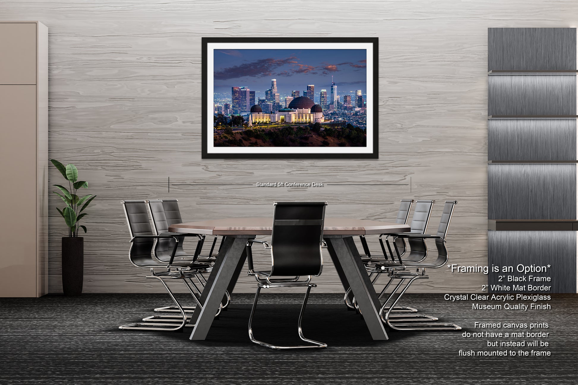 a dining room table with a view of a city