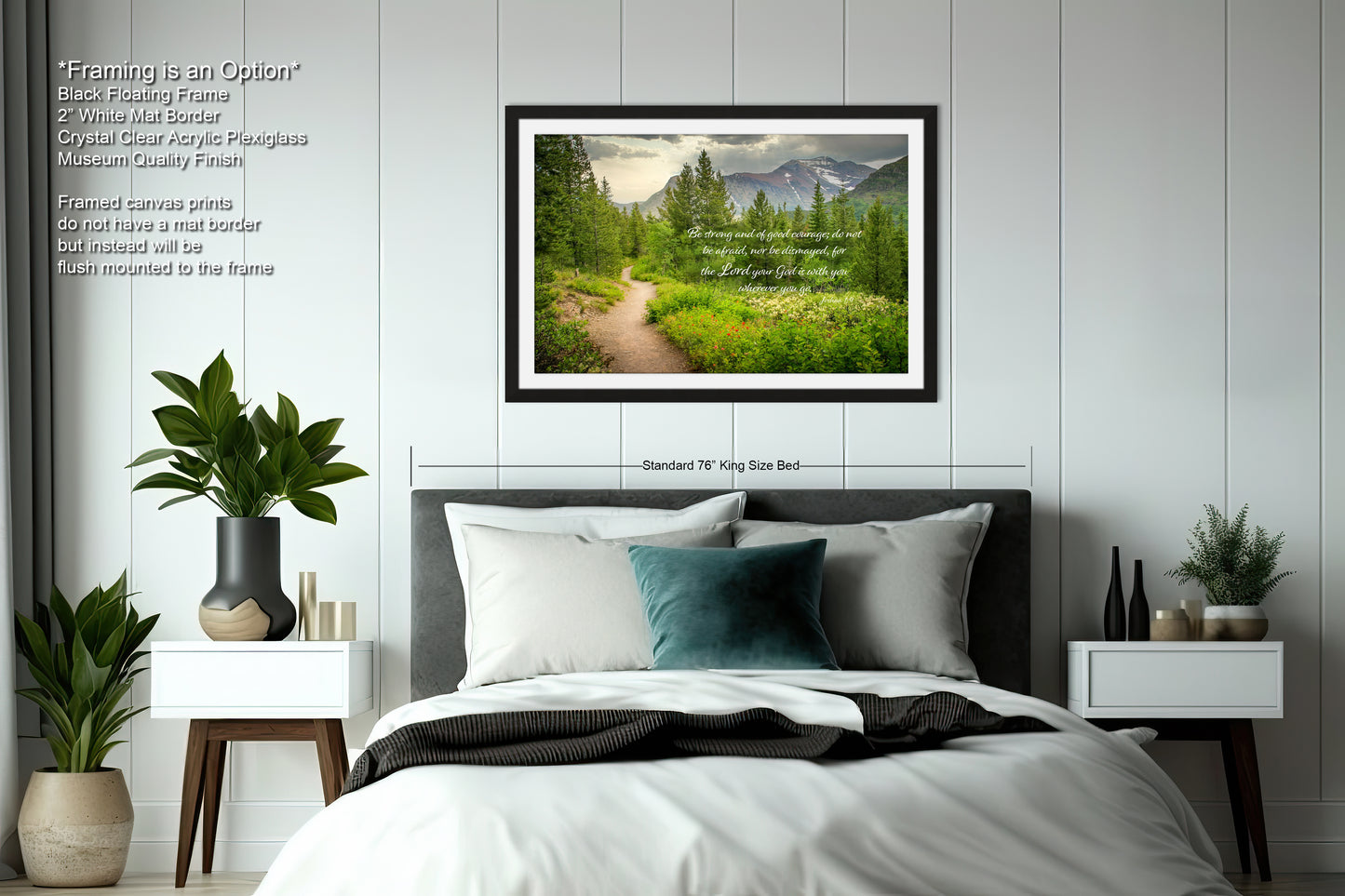 a bedroom with a large bed and a picture on the wall
