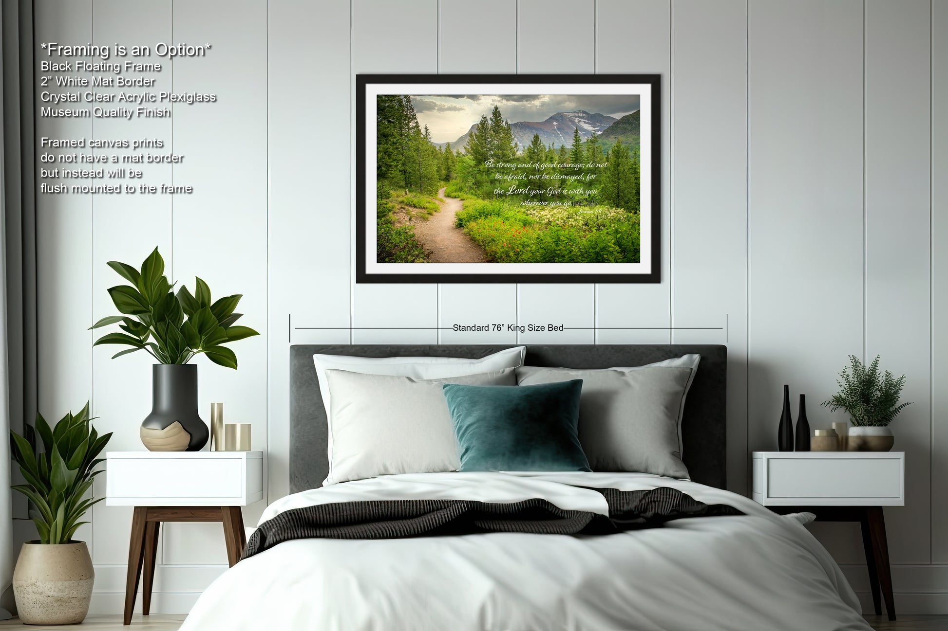 a bedroom with a large bed and a picture on the wall