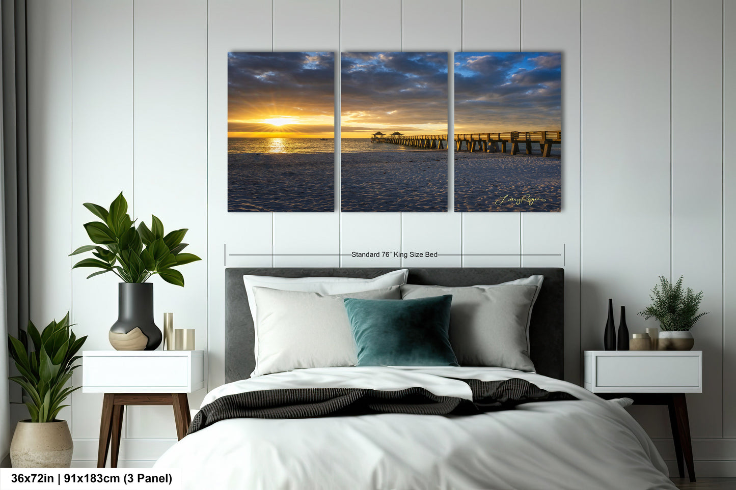 a bedroom scene with a bed and two paintings on the wall