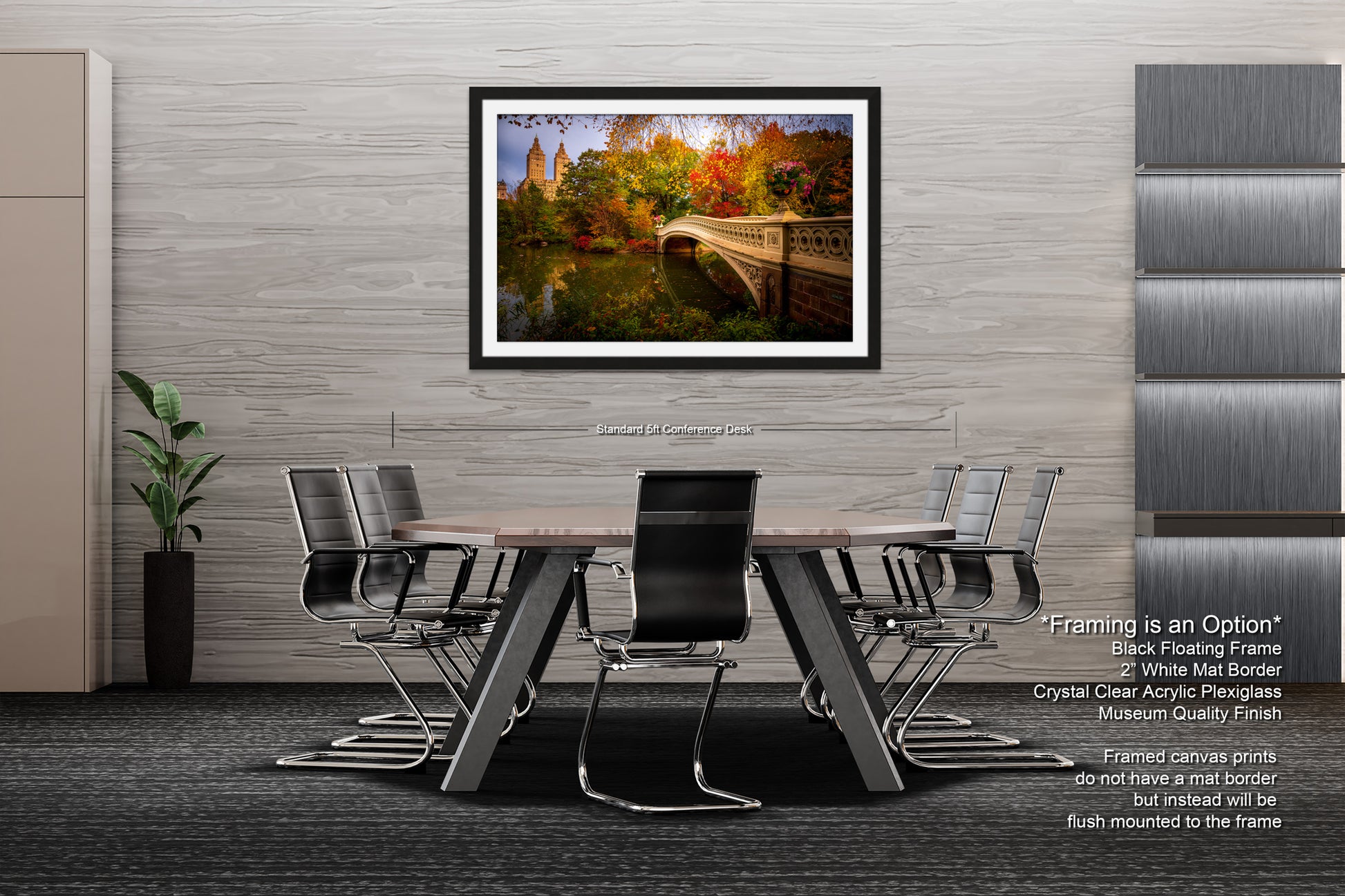 a modern living room with a large framed picture of a scenic landscape hanging on the wall. The room is furnished with a sofa, two armchairs, and a coffee table, creating a comfortable and inviting atmosphere.