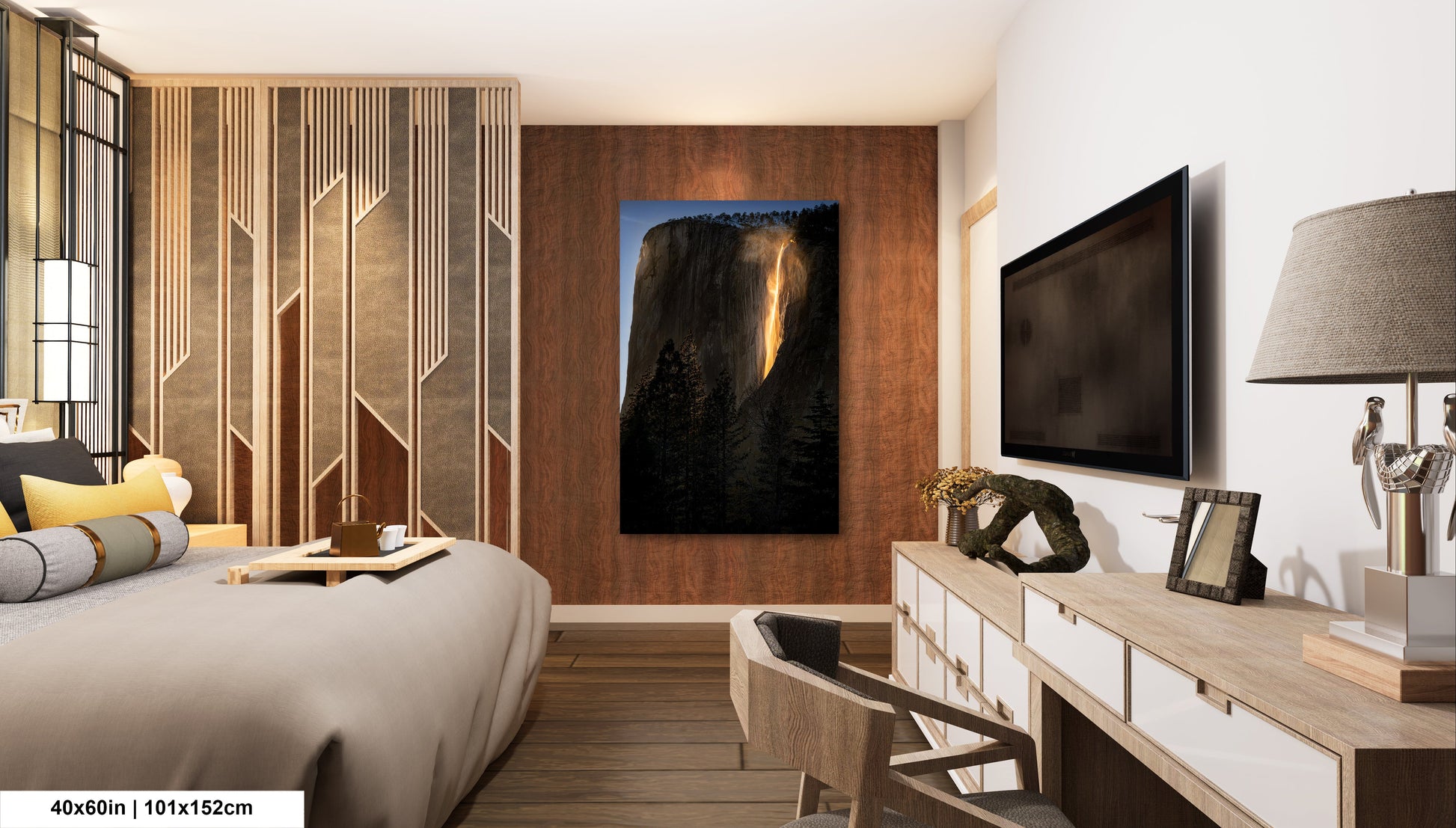 a bedroom with a large painting on the wall