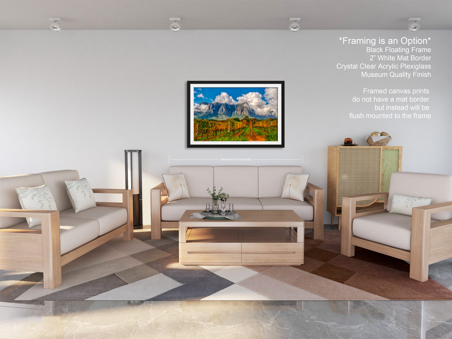 a living room filled with furniture and a painting on the wall