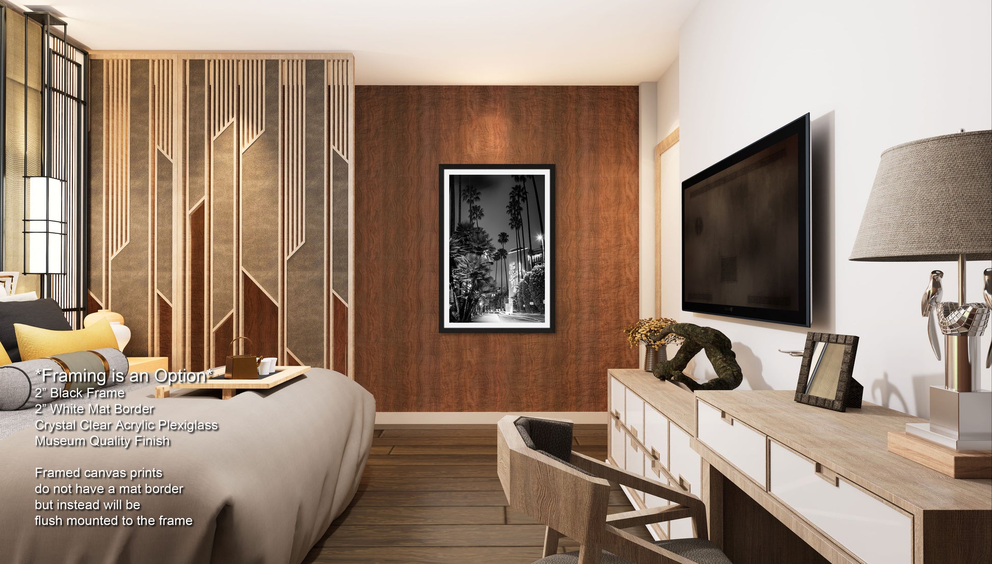 a bed room with a neatly made bed and a flat screen tv