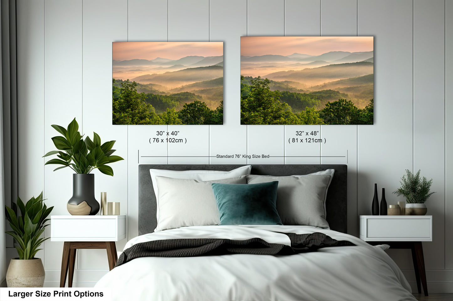 a bedroom with a bed and two pictures on the wall