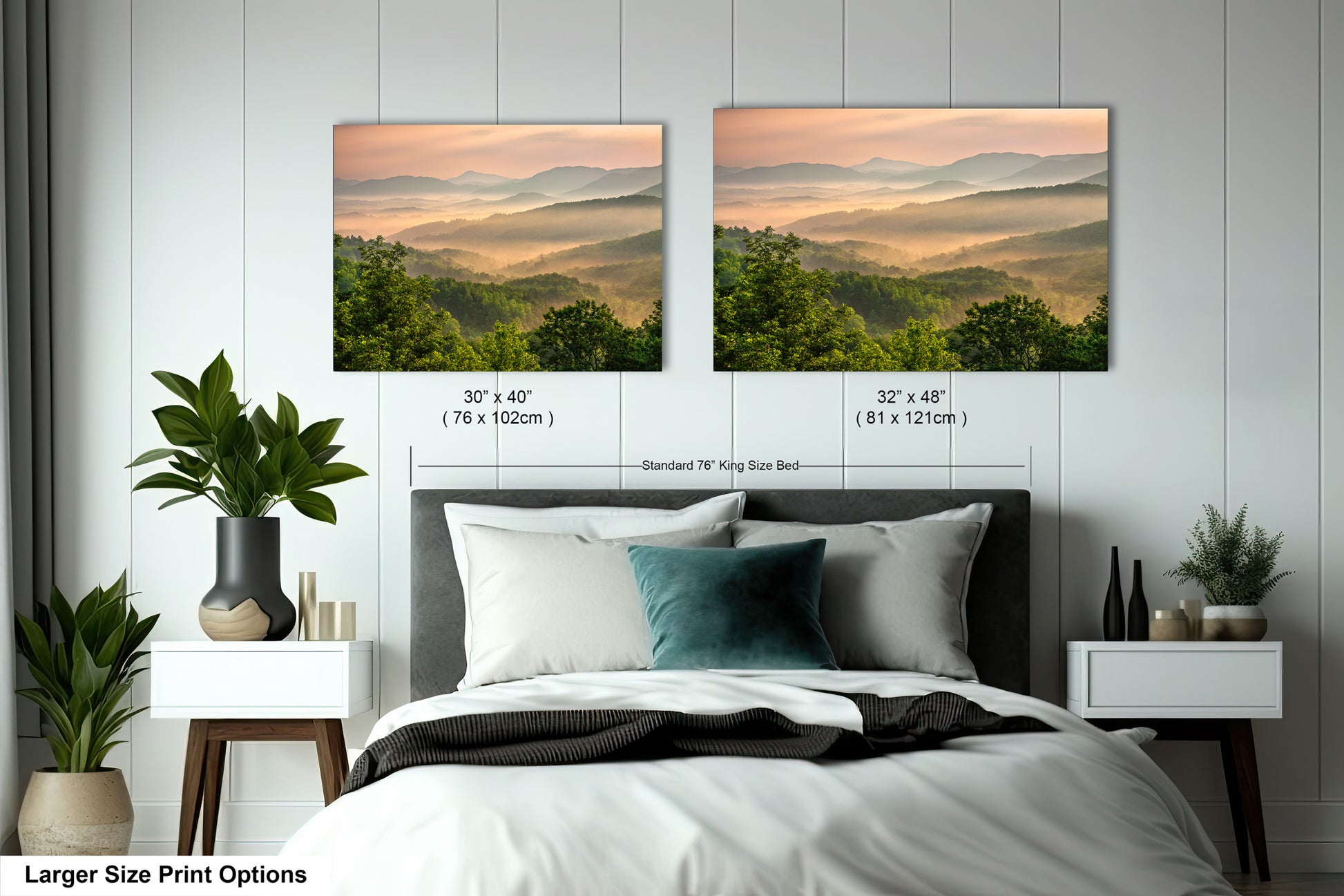 a bedroom with a bed and two pictures on the wall