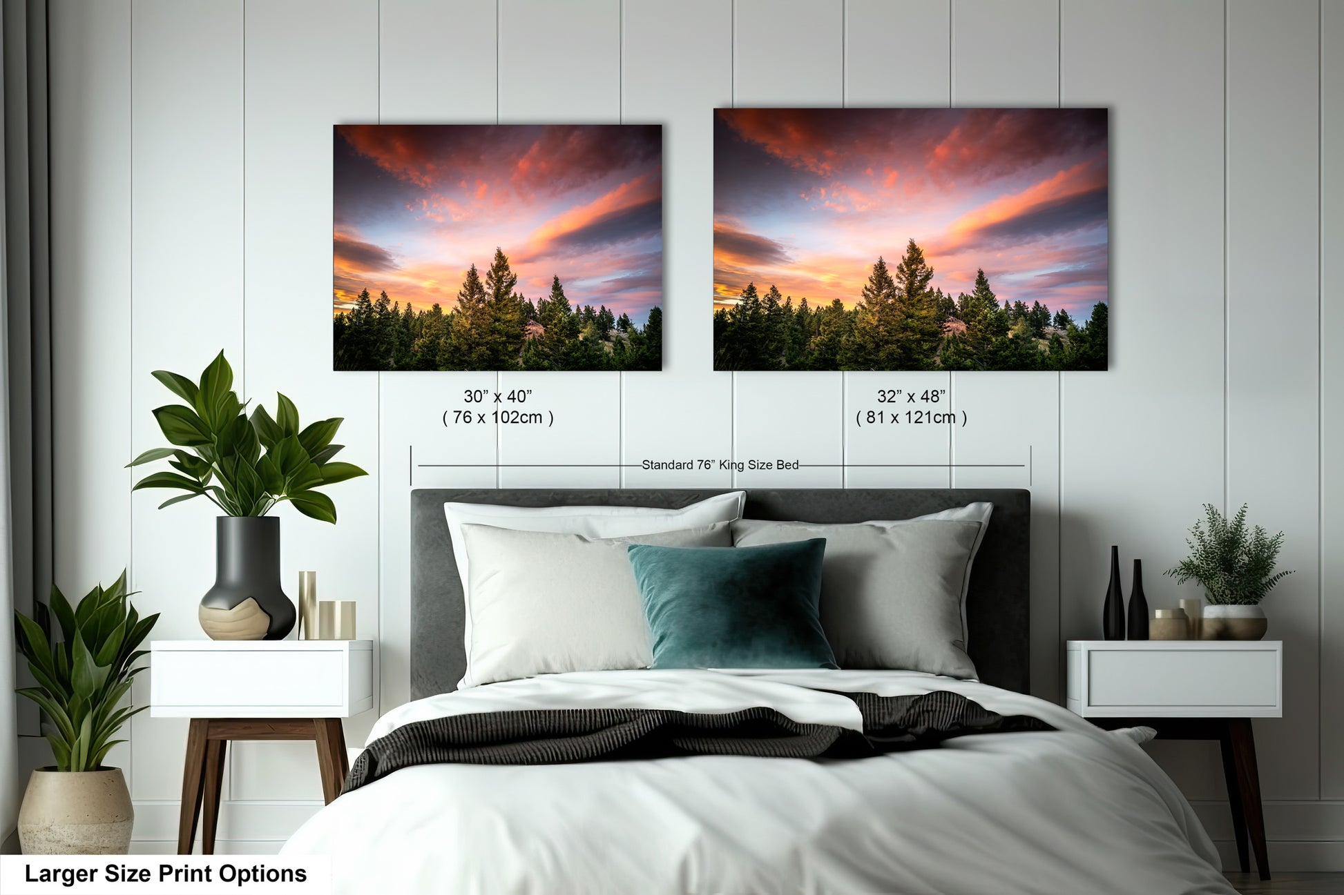 a bedroom with a bed and two pictures on the wall