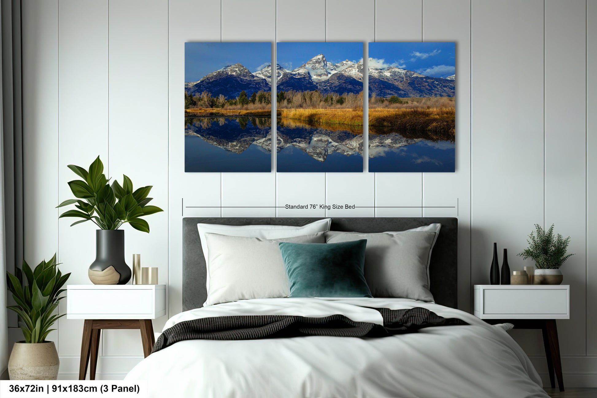 a bed room with a neatly made bed and a painting on the wall