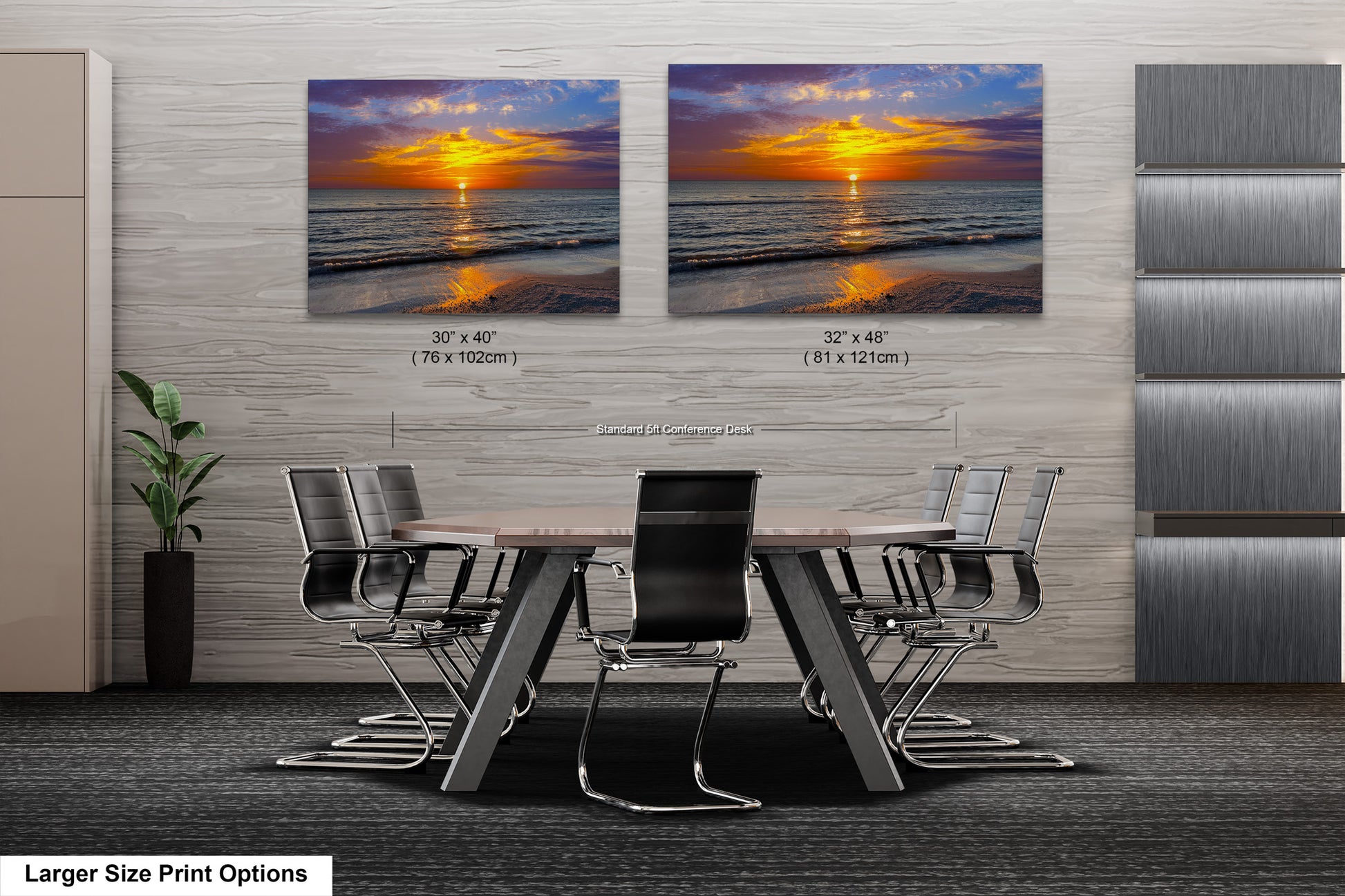a dining room table with chairs in front of two pictures of the ocean